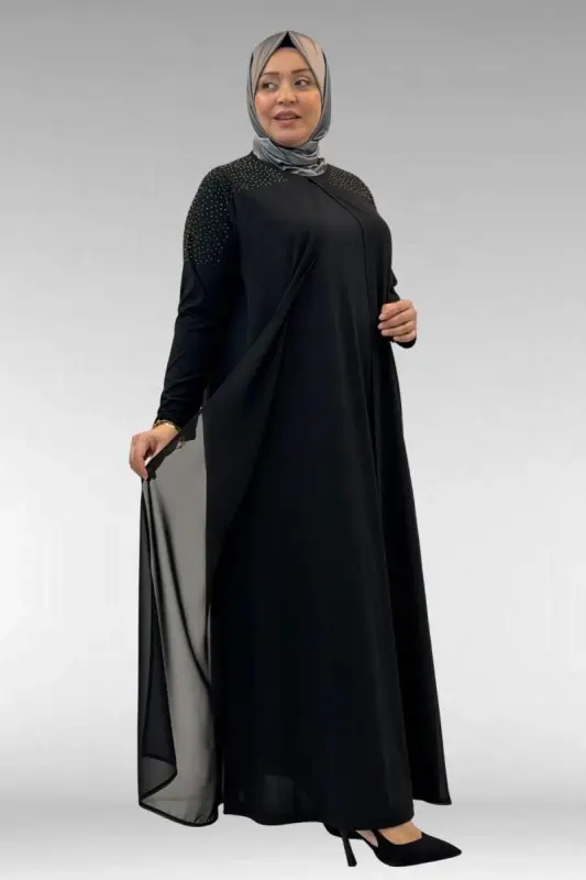 42003 Büyük Beden Taş Detaylı Sandy-Şifon Elbise - Siyah - 1