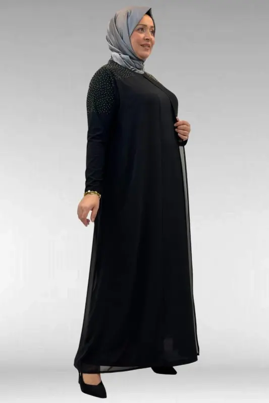 42003 Büyük Beden Taş Detaylı Sandy-Şifon Elbise - Siyah - 2