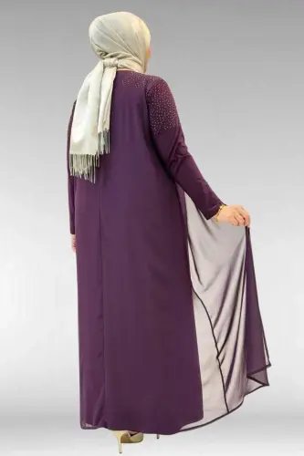42003 Plus Size Stone Detailed Sandy-Chiffon Dress - Damson - 3