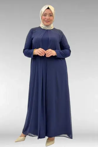 42003 Plus Size Stone Detailed Sandy-Chiffon Dress - Navy Blue - 1