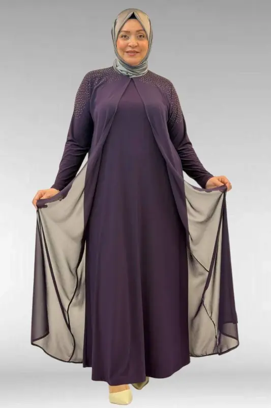 42003 Plus Size Stone Detailed Sandy-Chiffon Dress - Purple - 2