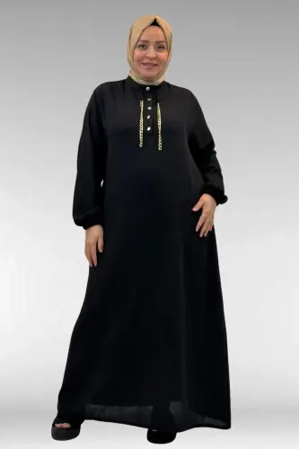 42010 Plus Size Linen Airobin Buttoned Dress-Black - 1