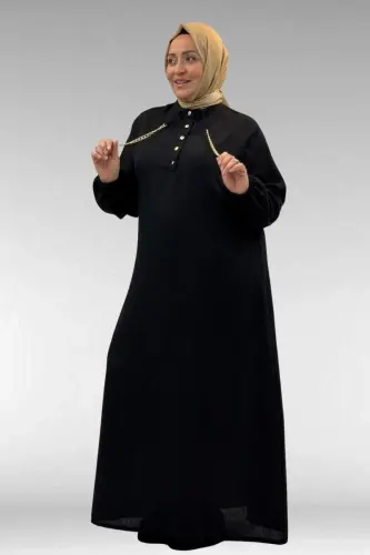 42010 Plus Size Linen Airobin Buttoned Dress-Black - 3