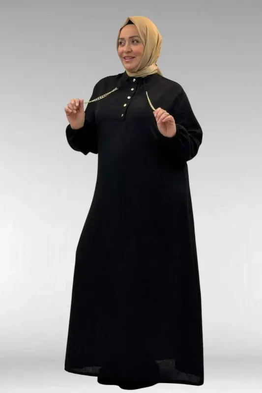 42010 Plus Size Linen Airobin Buttoned Dress-Black - 3