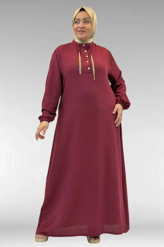 42010 Plus Size Linen Airobin Chain Detailed Dress - Claret Red - BÜYÜKBEDENIZ
