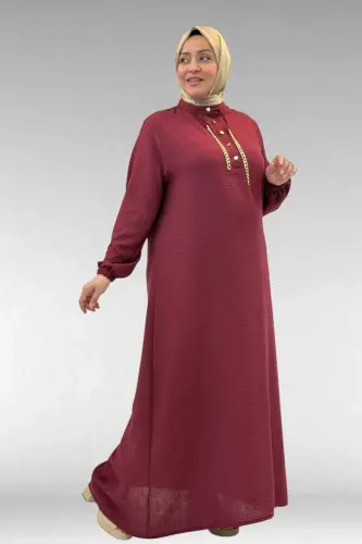 42010 Plus Size Linen Airobin Chain Detailed Dress - Claret Red - 3
