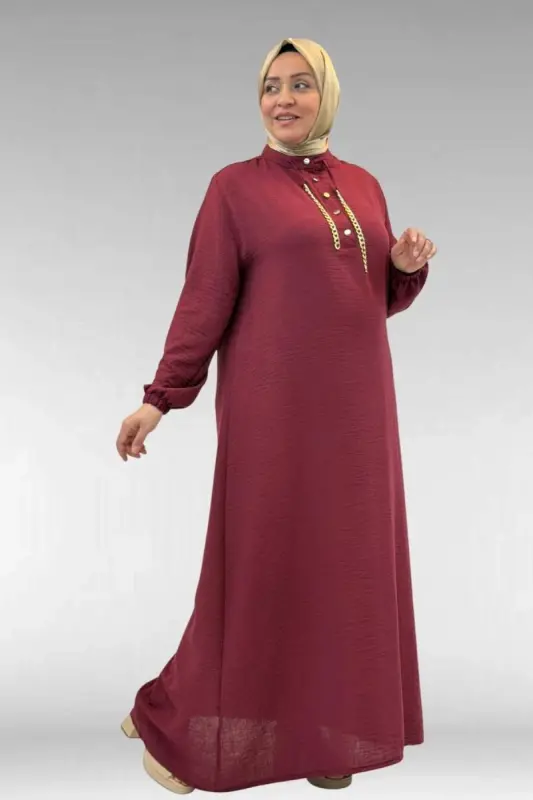 42010 Plus Size Linen Airobin Chain Detailed Dress - Claret Red - 3
