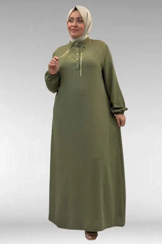 42010 Plus Size Linen Airobin Dress with Chain Detail - Khaki - 1