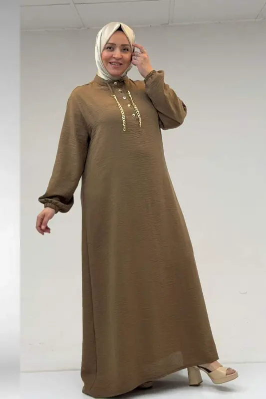 42010 Plus Size Linen Airobin Dress with Chain Detail - Mink - 1