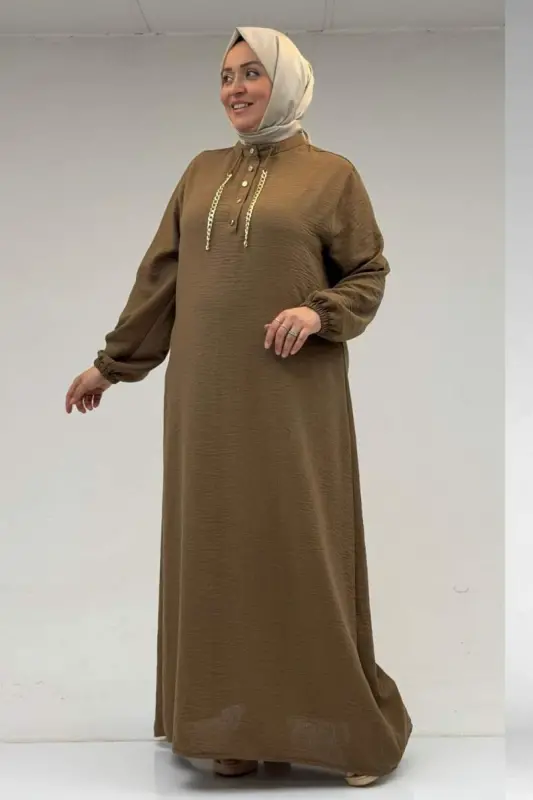 42010 Plus Size Linen Airobin Dress with Chain Detail - Mink - 3