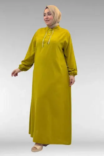 42010 Plus Size Linen Airobin Dress with Chain Detail - Oil Green - 3