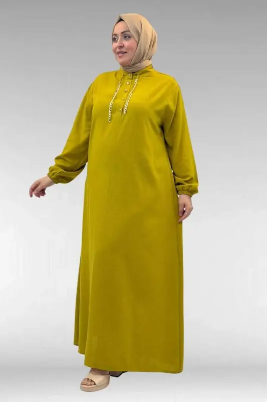 42010 Plus Size Linen Airobin Dress with Chain Detail - Oil Green - 3