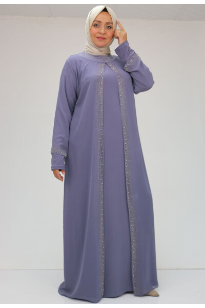 42018 Plus Size Stone Printed Sandy-Chiffon Dress - Purple 