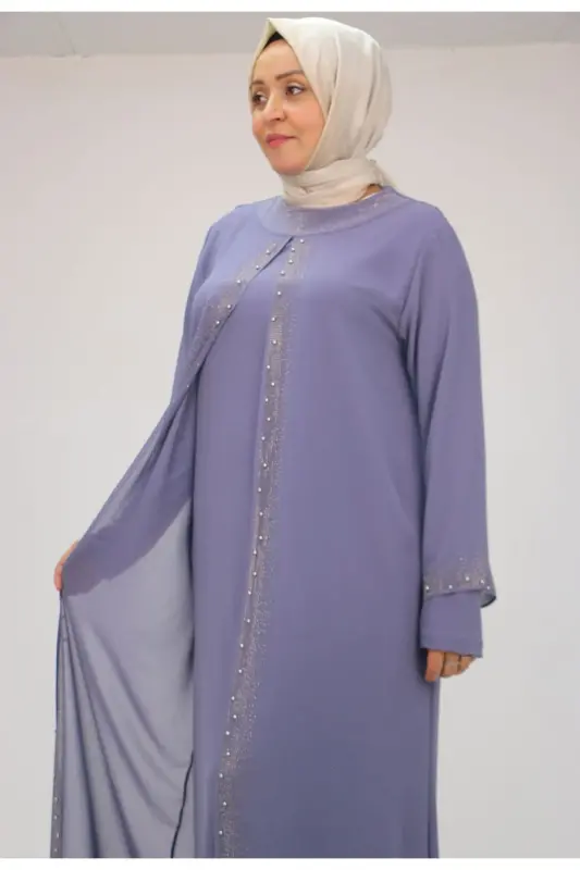 42018 Plus Size Stone Printed Sandy-Chiffon Dress - Purple - MOR-229399 - 2