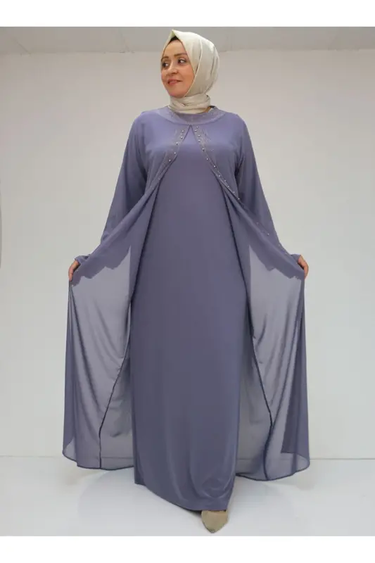 42018 Plus Size Stone Printed Sandy-Chiffon Dress - Purple - MOR-229399 - 4