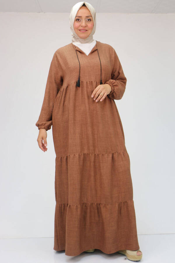 42026 Plus Size Fringed Collar Linen Dress - Milky Coffee - 11