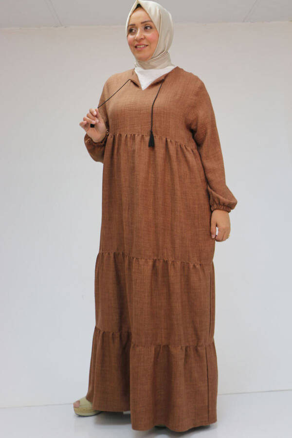 42026 Plus Size Fringed Collar Linen Dress - Milky Coffee - 12