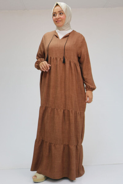 42026 Plus Size Fringed Collar Linen Dress - Milky Coffee - 13