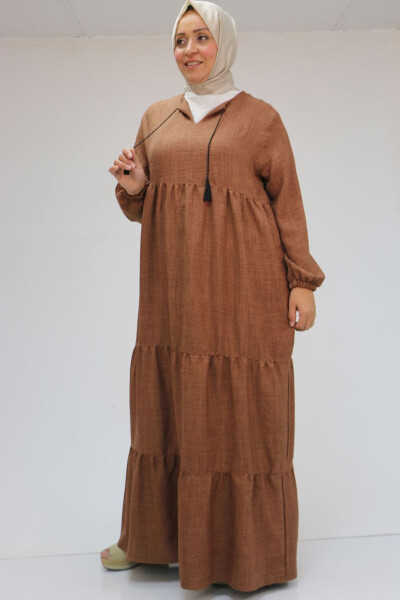 42026 Plus Size Fringed Collar Linen Dress - Milky Coffee - 7