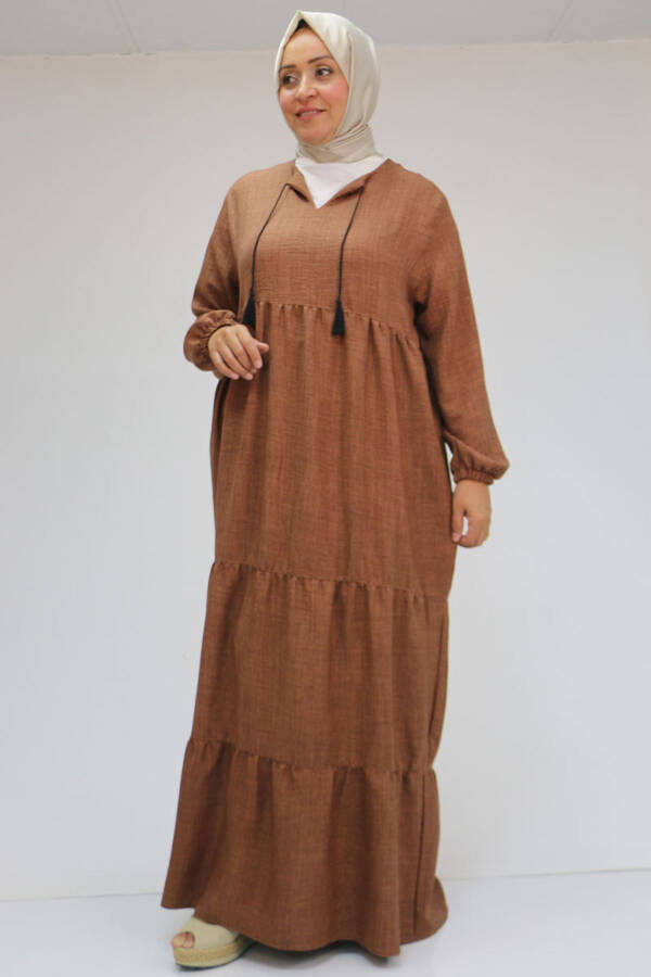 42026 Plus Size Fringed Collar Linen Dress - Milky Coffee - 8