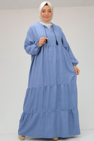 42026 Plus Size Fringed Neck Linen Dress - Indigo - 13