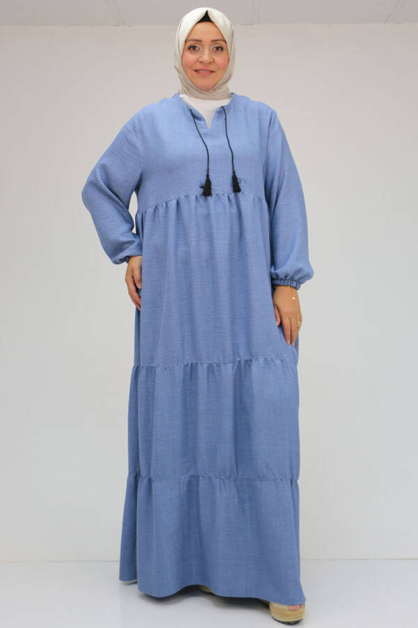 42026 Plus Size Fringed Neck Linen Dress - Indigo - 14