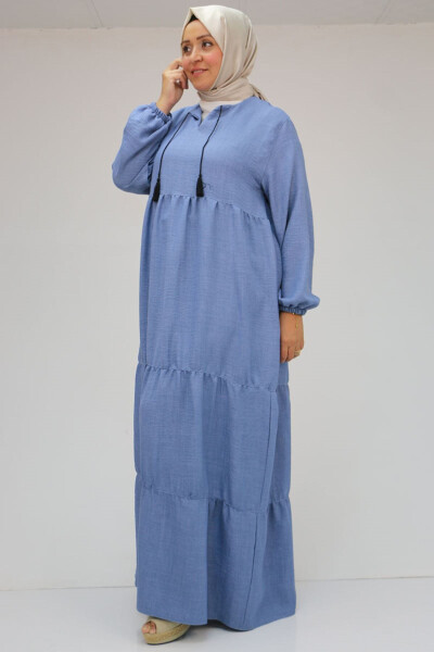 42026 Plus Size Fringed Neck Linen Dress - Indigo - 15