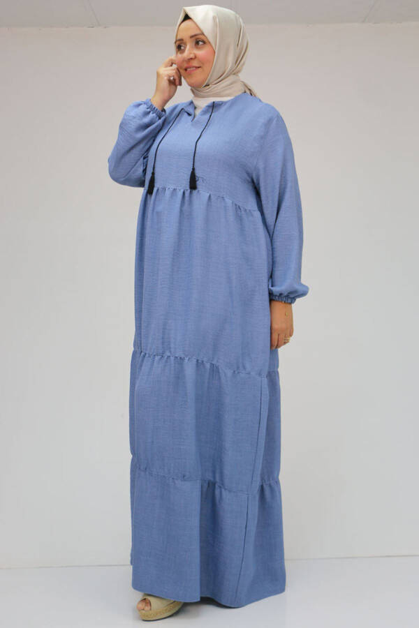 42026 Plus Size Fringed Neck Linen Dress - Indigo - 15