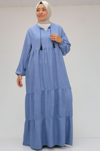 42026 Plus Size Fringed Neck Linen Dress - Indigo - 16