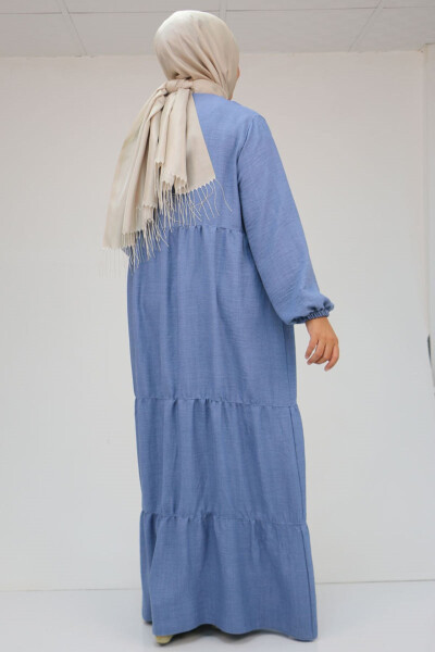 42026 Plus Size Fringed Neck Linen Dress - Indigo - 17