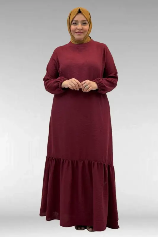 42027 Plus Size Linen Dress with Gathered Skirt - Burgundy - BÜYÜKBEDENIZ