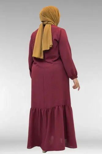 42027 Plus Size Linen Dress with Gathered Skirt - Burgundy - 3