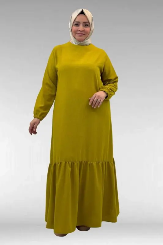 42027 Plus Size Linen Dress with Gathered Skirt - Oil Green - 1