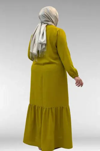 42027 Plus Size Linen Dress with Gathered Skirt - Oil Green - 3