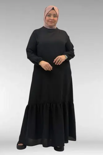 42027 Plus Size Linen Dress with Ruched Skirt - Black - 1