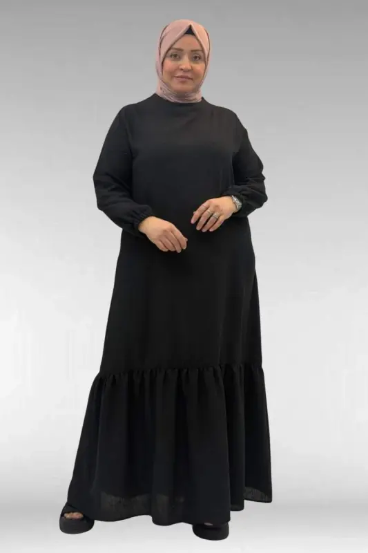 42027 Plus Size Linen Dress with Ruched Skirt - Black - 1
