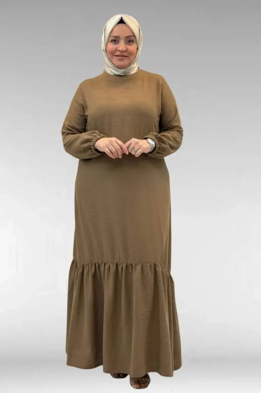 42027 Plus Size Linen Dress with Ruched Skirt - Brown - BÜYÜKBEDENIZ