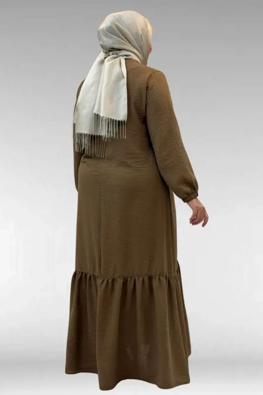 42027 Plus Size Linen Dress with Ruched Skirt - Brown - 3
