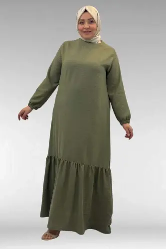42027 Plus Size Linen Dress with Ruched Skirt - Khaki - 1
