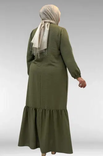 42027 Plus Size Linen Dress with Ruched Skirt - Khaki - 3