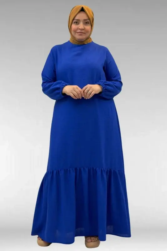 42027 Plus Size Linen Dress with Ruched Skirt - Royal Blue - BÜYÜKBEDENIZ