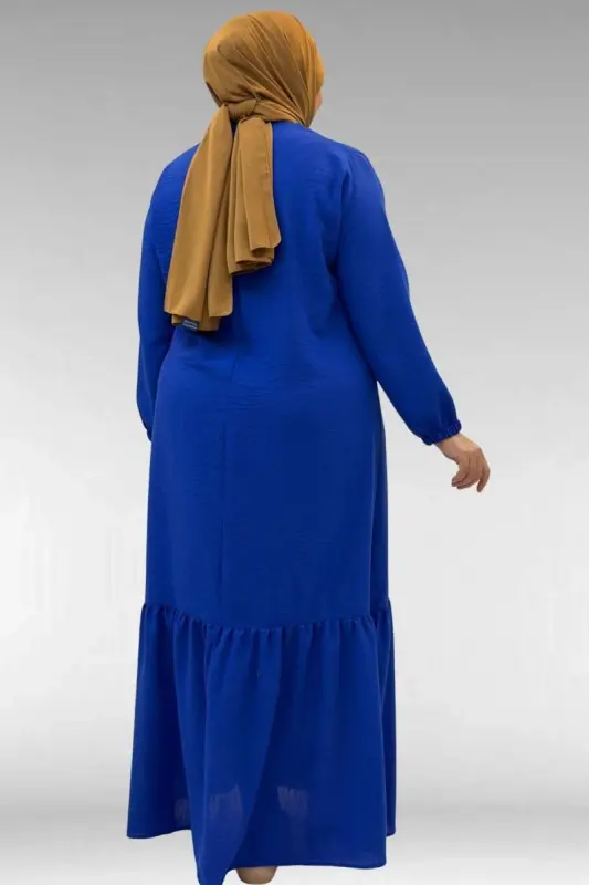 42027 Plus Size Linen Dress with Ruched Skirt - Royal Blue - 3