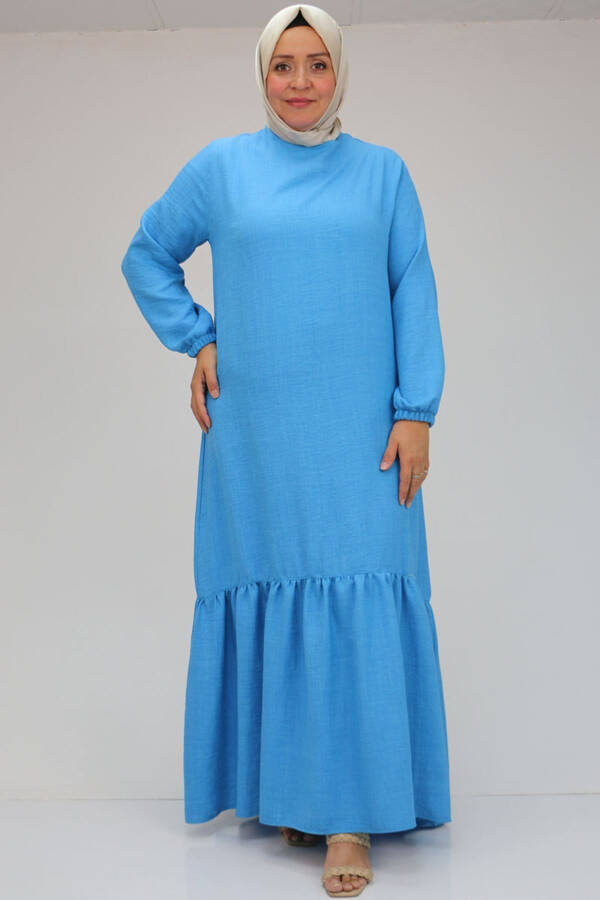 42027 Plus Size Skirt Pleated Linen Dress - Blue - 11