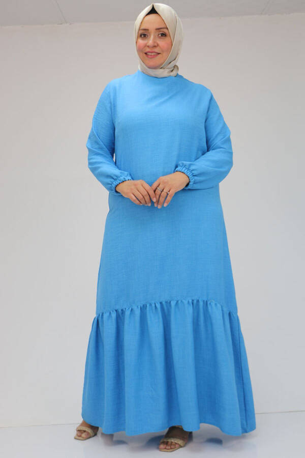 42027 Plus Size Skirt Pleated Linen Dress - Blue - 13