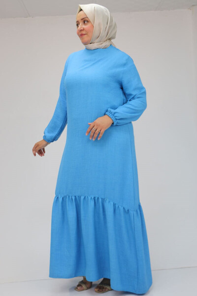 42027 Plus Size Skirt Pleated Linen Dress - Blue - 14