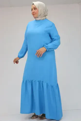 42027 Plus Size Skirt Pleated Linen Dress - Blue - 4