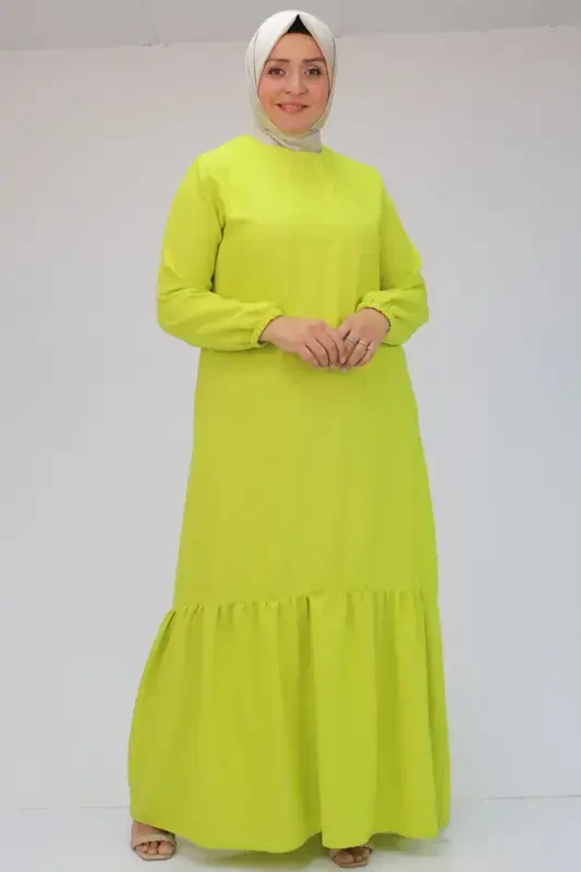 42027 Plus Size Skirt-Style Ruched Linen Dress - Olive Green - ESLINA