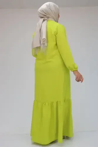 42027 Plus Size Skirt-Style Ruched Linen Dress - Olive Green - 3