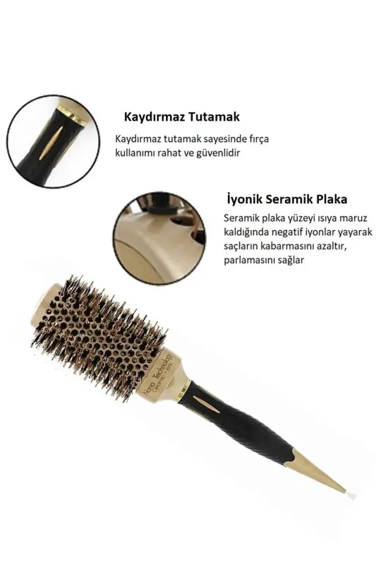 43 mm-Lom1143 Nano Teknoloji Seramik + İyonik Termal Fön Saç Fırçası, Doğal At Kılı Diş, Profesyonel - 43 mm - 3