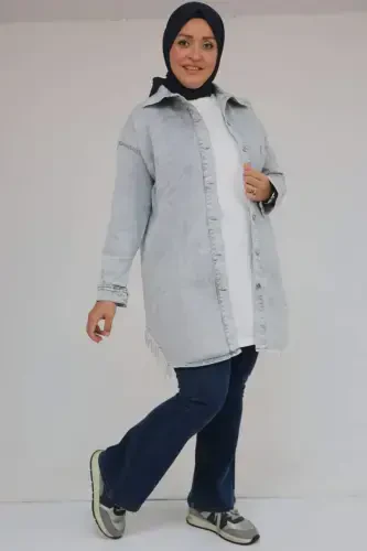 43009 Plus Size Men's Collar Denim Jacket - Gray - BÜYÜKBEDENIZ (1)